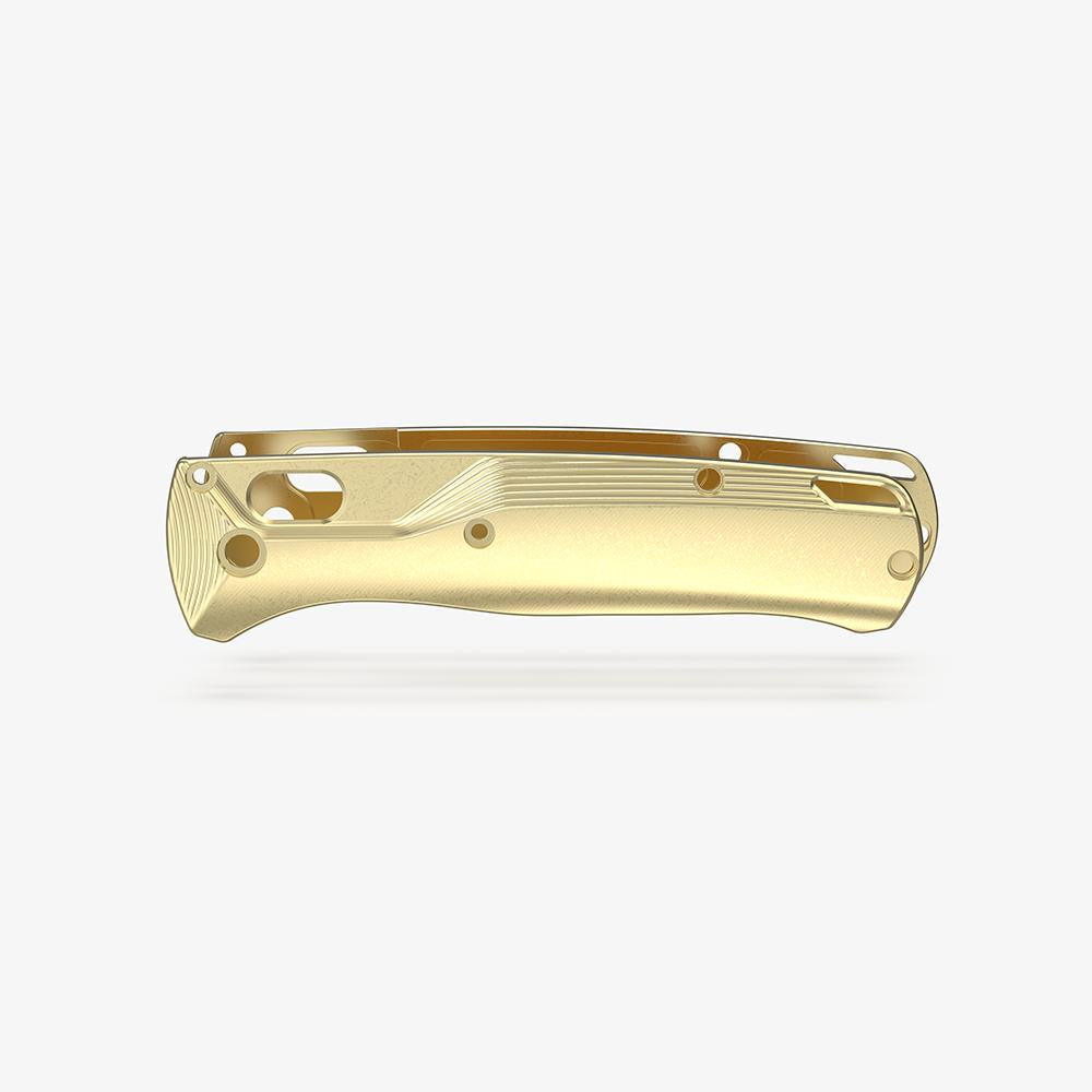 Custom brass Crossfade scales for the Benchmade Bugout knife.