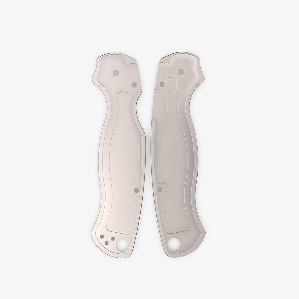 Inside view of the titanium scales for the Spyderco Paramilitary 2 knife, showing the detailed milling.