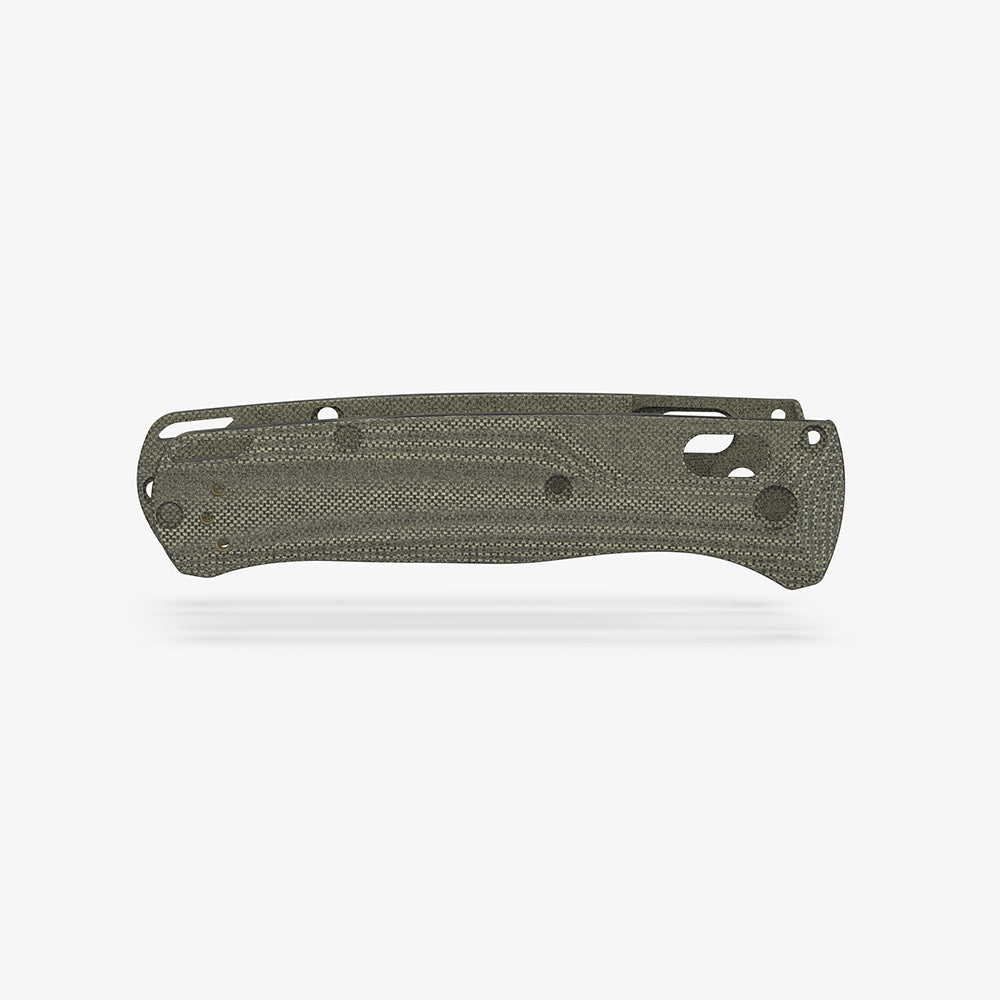 Back view of the Crossfade scales for the Benchmade Bugout in green canvas micarta.