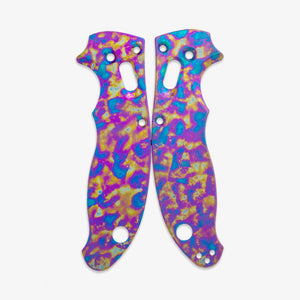 Titanium scale for Spyderco Manix 2, finished in bright blue, pink and yellow splotches