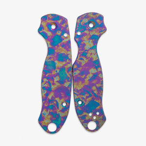 Titanium scale for Spyderco Para 3, finished in bright blue, pink and yellow splotches
