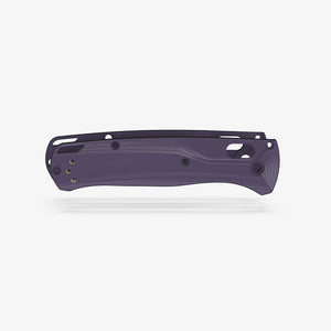 Pocket clip side of the Benchmade Bugout knife with custom Crossfade scales in purple G-10.