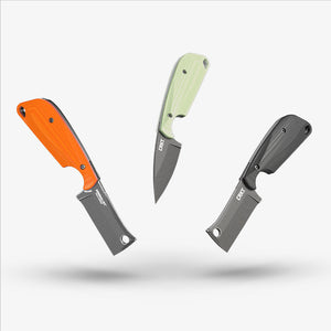 The Flex G-10 scales installed on the CRKT Minimalist in orange, natural and black G-10.