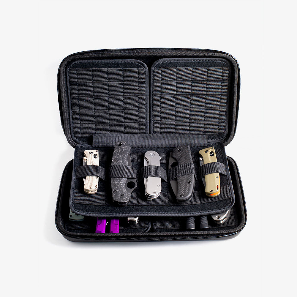 Flytanium x Vault Storage Case open with elastic insert, folding knives and balisongs