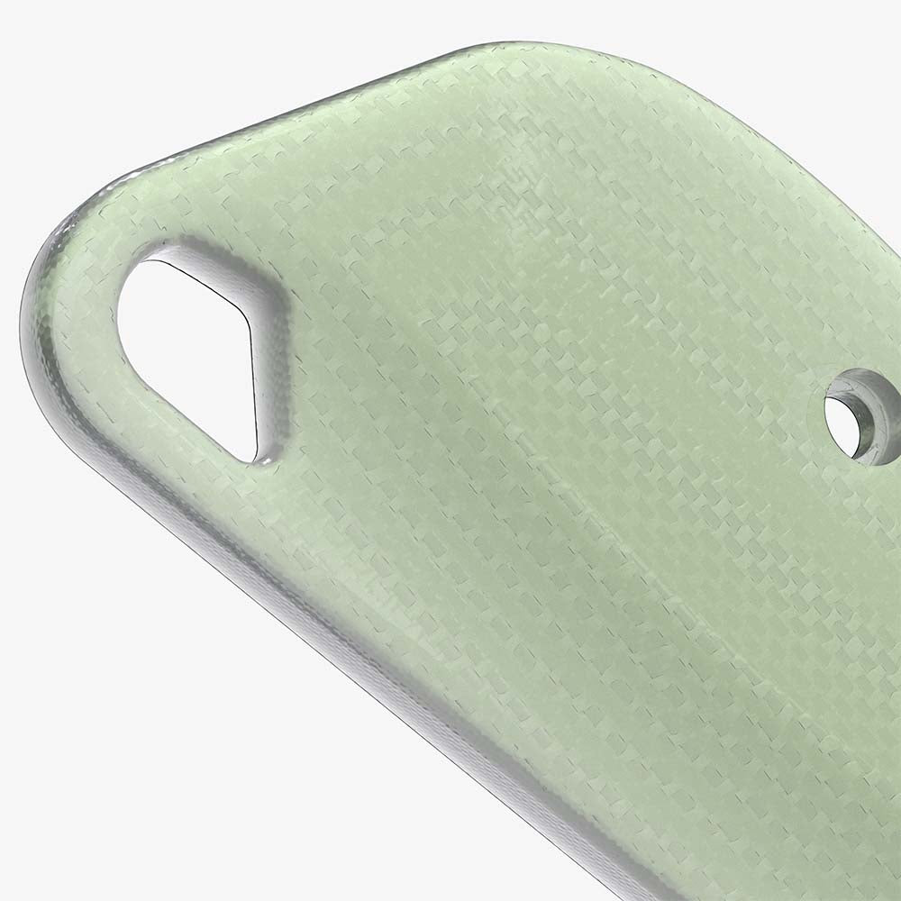 Detail shot of the Flex CRKT Minimalist scales, showing the lanyard hole in natural G-10.