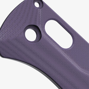 Detail shot of the Benchmade Bugout knife with custom Crossfade scales in purple G-10.