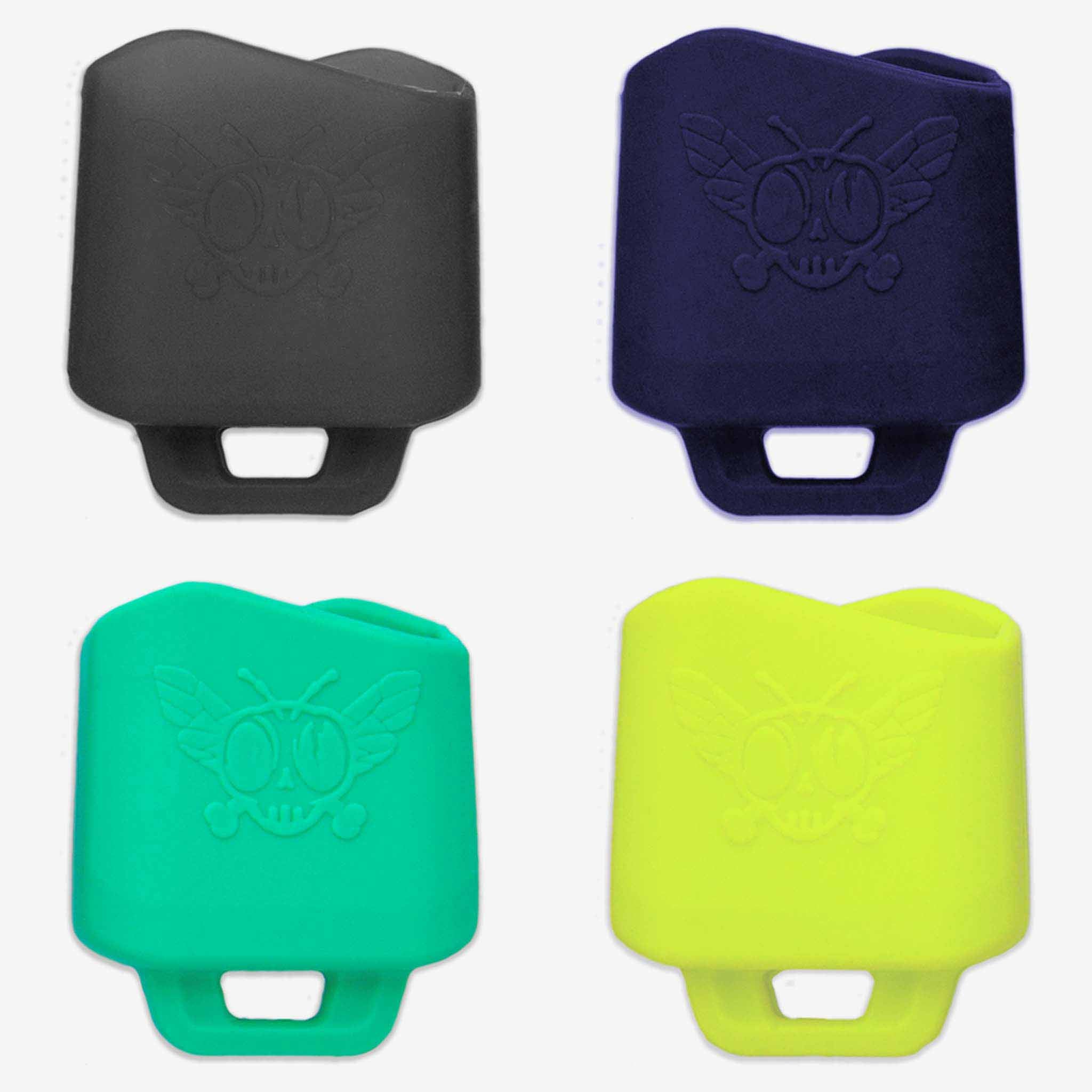 Silicone bali boots from Flytanium in smoke, dusty indigo, fresh mint, and hazard yellow.